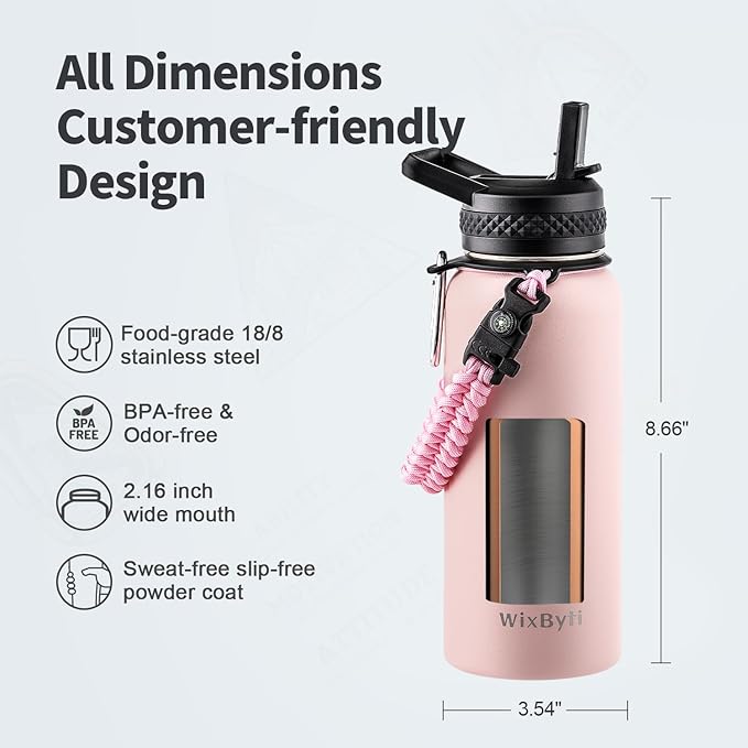 32 oz Insulated Water Bottle with Straw, Stainless Steel Triple Wall Vacuum Sports Water Jug, Leakproof Hydro Cup Flask with Paracord Handle & Straw Spout Lids & DIY Stickers