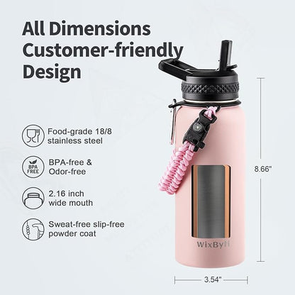 32 oz Insulated Water Bottle with Straw, Stainless Steel Triple Wall Vacuum Sports Water Jug, Leakproof Hydro Cup Flask with Paracord Handle & Straw Spout Lids & DIY Stickers