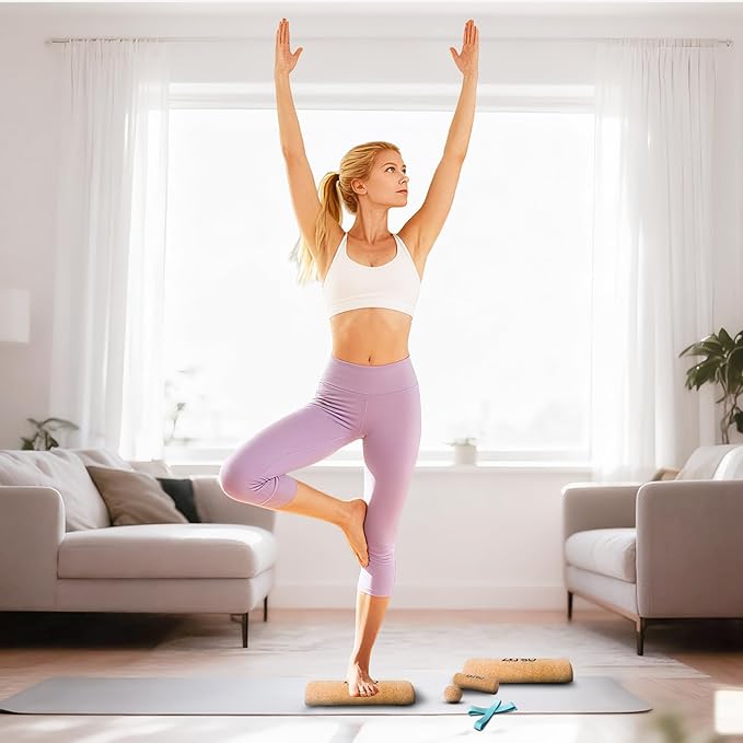 Natural Cork Balance Board Kit - 4-in-1 Foot & Ankle Strengthener with Half-Cylinder Boards, Mini Roller, Massage Ball & Toe Resistance Bands - Portable Balance Trainer for Home, Office & Gym