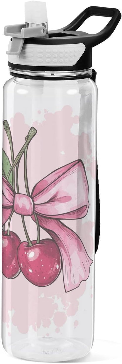 Fustylead Cute Cherry Fruit with Pink Bow 32 oz Tritan Water Bottle with Straw, Leakproof and BPA-Free Sport Water Bottle for Fitness, Gym & Outdoor