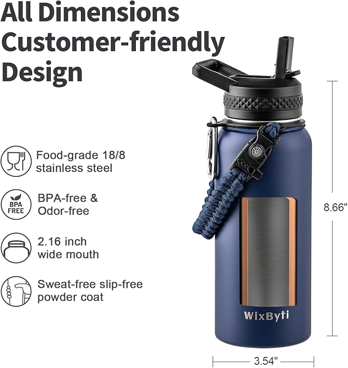 32 oz Insulated Water Bottle with Straw, Stainless Steel Triple Wall Vacuum Sports Water Jug, Leakproof Hydro Cup Flask with Paracord Handle & Straw Spout Lids & DIY Stickers