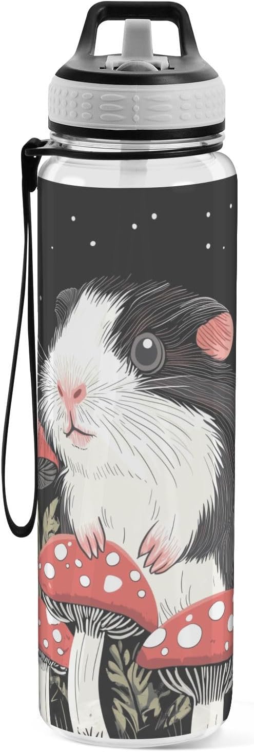 Fustylead Lovely Guinea Pig and Red Amanita Mushrooms Tritan Water Bottle with Straw and Lids, 32 oz Reusable BPA Free Sport Water Bottle for Gym Camping Hiking Travel