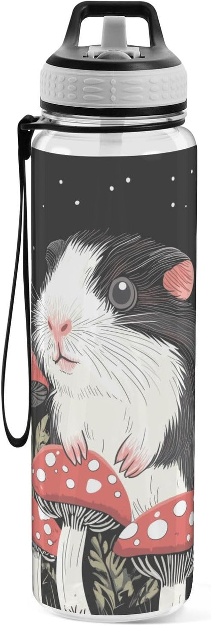 Fustylead Lovely Guinea Pig and Red Amanita Mushrooms Tritan Water Bottle with Straw and Lids, 32 oz Reusable BPA Free Sport Water Bottle for Gym Camping Hiking Travel