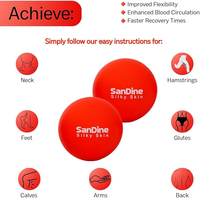 Lacrosse Massage Balls for Deep Tissue Massage - Release Tension Relieve Muscle Soreness Improve Flexibility - Ideal for Myofascial Release Trigger Point Therapy - 2Pack Yoga Balls by Sandine (Red)