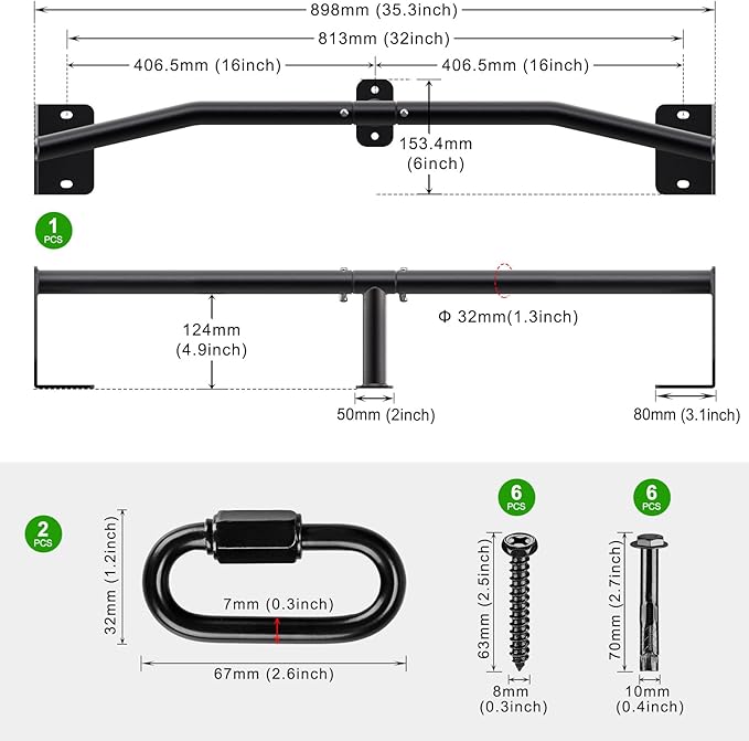 SELEWARE Heavy Duty Wall Mount Pull Up Bar, Joist Mount Chin Up Bar for Doorway, Sturdy Steel Construction, w/Resistance Band Hooks, Fits 32"/36" Wall Studs for Home Gym Strength Training