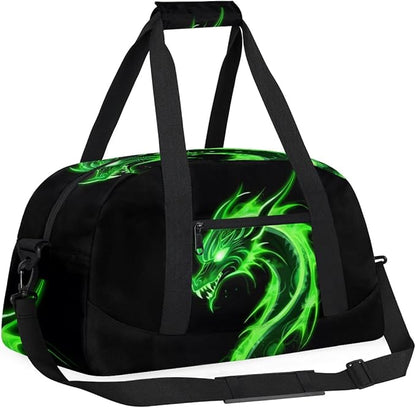 Green Dragon Kids Duffel Bag for Boys, Abstract Animal Sports Gym Bags Overnight Travel Weekender Lightweight Carry On Sleepovers Duffels for School Practice Gymnastics