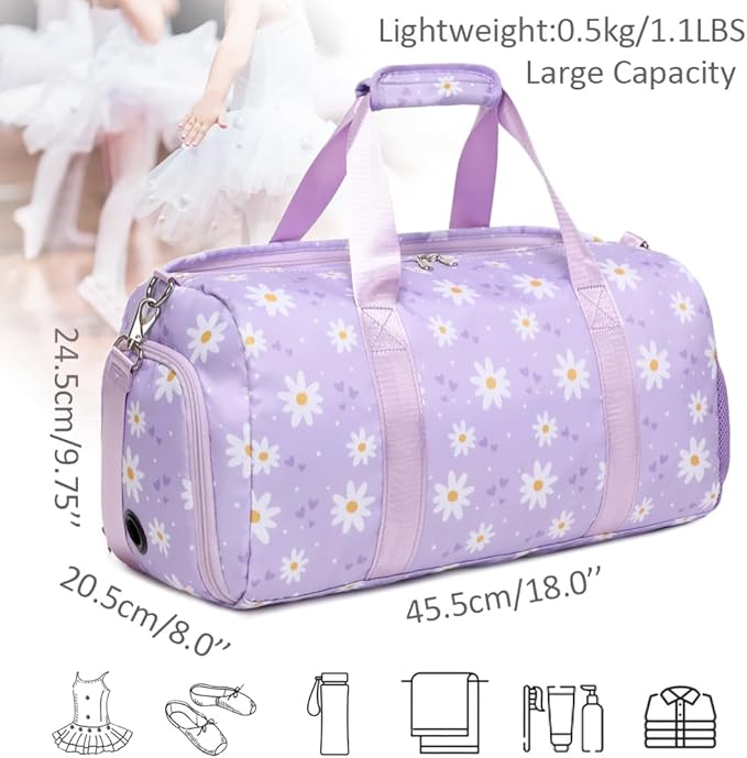 Dance Duffel Bag for Girls Daisy Ballet Bag for Girls Water Resistant Sports Gym Bag Overnight Sleepover Bags with Shoes Compartment Wet Pocket