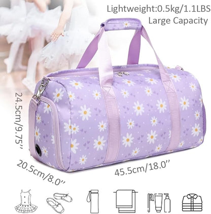 Dance Duffel Bag for Girls Daisy Ballet Bag for Girls Water Resistant Sports Gym Bag Overnight Sleepover Bags with Shoes Compartment Wet Pocket