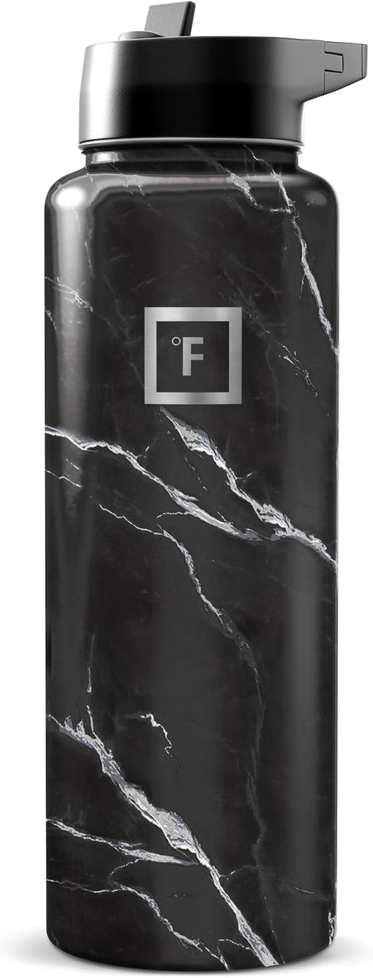 IRON °FLASK Camping & Hiking Hydration Flask with Straw, Wide Mouth Insulated Stainless Steel Sports Water Bottle - Black Marquina 40 oz - Straw (1 Lid)