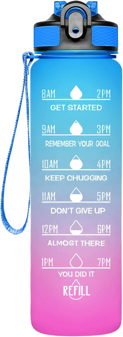 Frosted Style Sports Water Bottle 32 oz - BPA Free With Time Marker, Small Mouth Leakproof for Gym, Fitness, Hiking, Bike, Camping (K)