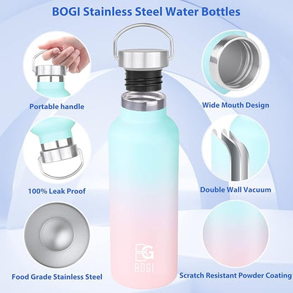 BOGI 20oz Insulated Water Bottle, Wide Mouth Stainless Steel Water Bottles Leakproof Metal Water Bottle with Straw and Handle BPA Free Steel Water Bottle for School Fitness Outdoor Sports-Blue Pink