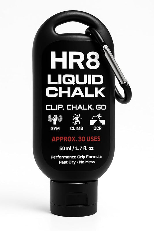 HR8 Liquid Chalk 50ml with Carabiner, Chalkless Mess-Free Grip for Gym, Weightlifting & Rock Climbing Chalk, Liquid Chalk Gym (Up to 30 Uses)