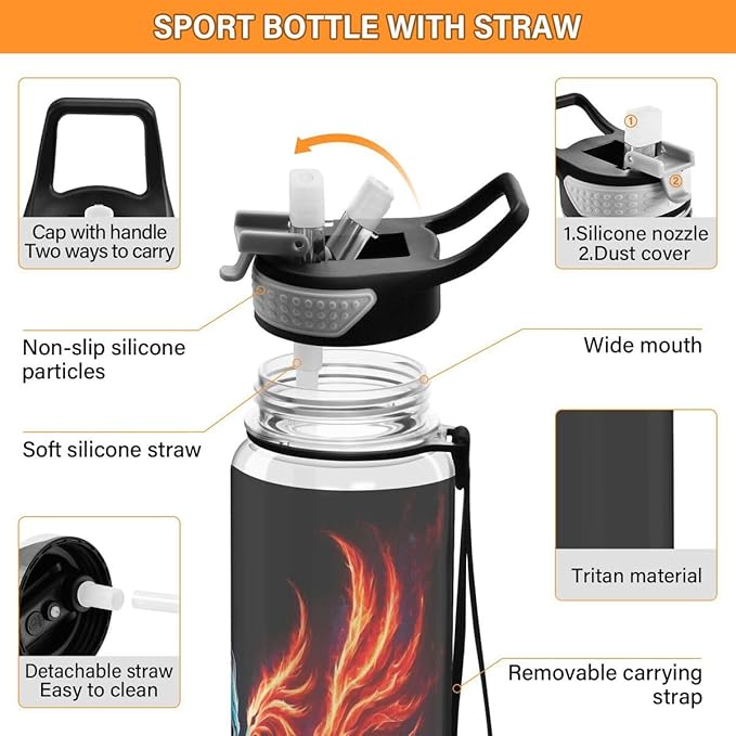 ALAZA Dragon Phoenix on Black Sports Water Bottle with Straw Tritan Drink Bottle 32 oz BPA Free Reusable for Travel Outdoor Fitness