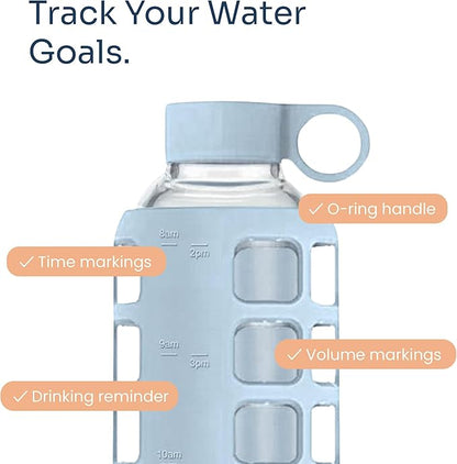purifyou 40oz / 32oz / 22oz / 12oz Borosilicate Glass Water Bottle with Time & Volume Markers, Silicone Sleeve, Stainless Steel Lid | Reusable Glass Bottle for Water & Juice (32oz Ice Blue)
