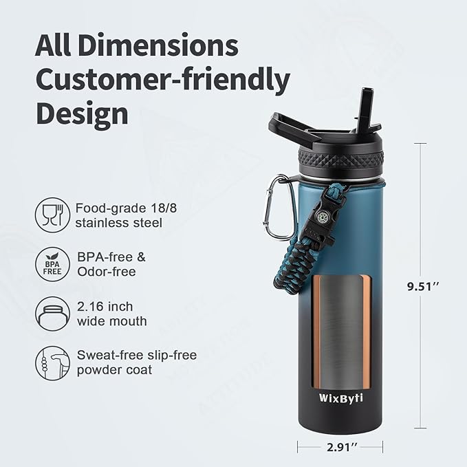 20 oz Insulated Water Bottle with Straw (Cold for 24 Hrs), Stainless Steel Triple Wall Vacuum Sports Water Jug, Leakproof Hydro Cup Flask with Paracord Handle & Straw Spout Lids & DIY Stickers