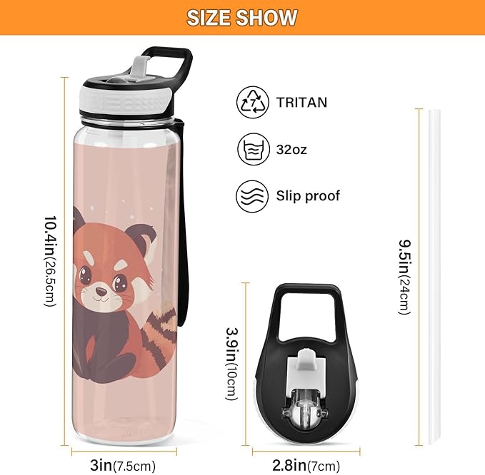 Fustylead Cute Flat Red Panda 32oz Water Bottle with Straw, Leakproof Clear Sport Water Bottles for Gym Camping Hiking Travel