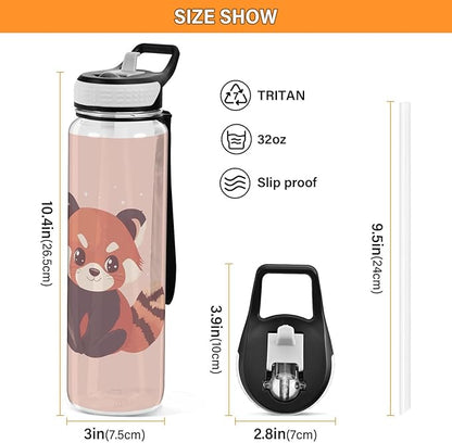 Fustylead Cute Flat Red Panda 32oz Water Bottle with Straw, Leakproof Clear Sport Water Bottles for Gym Camping Hiking Travel
