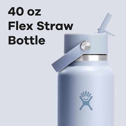 Hydro Flask Water Bottle - Insulated Stainless Steel - Wide Mouth Flex Straw Lid, Non Spill, Leakproof and Refillable in 40 Oz Surf Blue