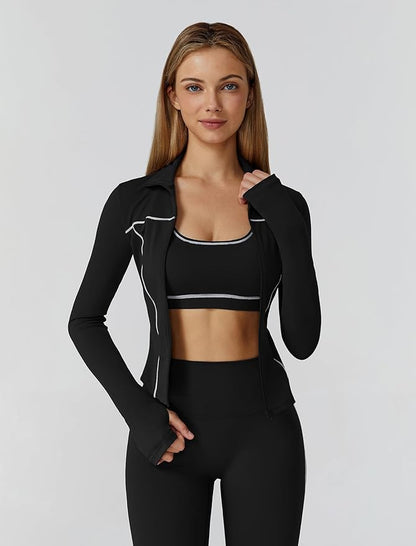 Womens workout sets Contrast Long Sleeve Jacket with Sports Bra and Butt-lifting Pants Yoga Outfits 3 Pieces Set