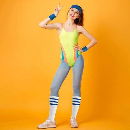 ONUPGO 5 Pieces Sweatbands Striped Socks Set Sports Headband Wristbands High Tube Socks 80s Accessories Costumes