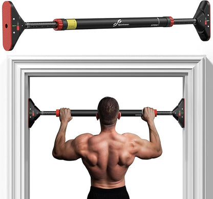 Pull Up Bar for Doorway: Sportneer Strength Training Pull-up Bars without Screw - Adjustable Width Locking Mechanism Chin Up Bar, Thickened Steel Max Limit 440 lbs Upper Body Fitness Pullup Bars for Home (Black-Red)