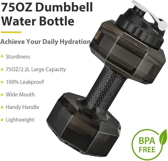 2.2L / 75Oz Dumbbell Shape Water Bottle, PETG Eco-friendly Sports Fitness Exercise Water Jug for Gym, Yoga, Running, Outdoors, Cycling, and Camping