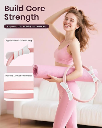 Pilates Ring Set for Women, Home Workout Pilates Equipment with Resistance Bands, 14'' Magic Circle, Mini Ball, Pilates Starter Kit for Strength, Compact Toning Fitness Workout Guide Included