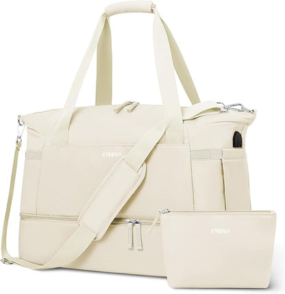 ETRONIK Gym Bag for Women, 45L Carry On Travel Duffel Bag with Shoes Compartment, Weekender Overnight Bag with Wet Pocket & USB Charging Port for Women, Travel, Gym, Weekend, Large Size (Beige)