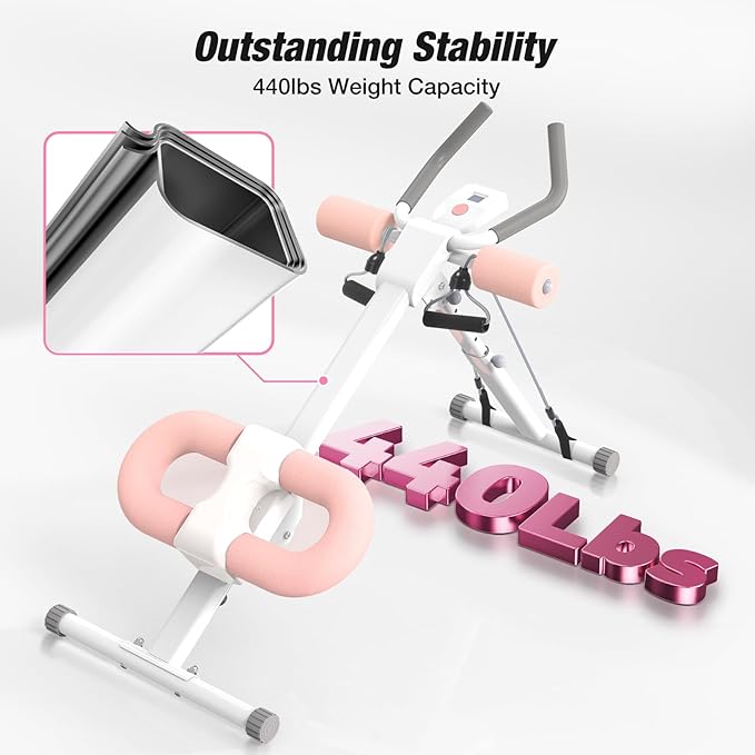 WARMOUNTS Ab Machine, Ab Workout Equipment, Adjustable Core & Ab Trainer Machine with Resistance Bands for Home Gym, Foldable, Knee Protection, Abdominal Exercise Equipment for Stomach Workout (Pink)