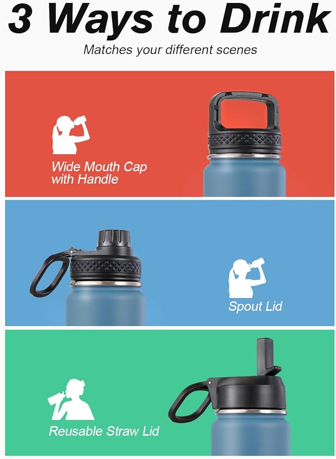 Coolflask Water Bottle 20 oz Insulated with Straw, Stainless Steel Metal 3 Lids Water Flask Wide Mouth for Sports or Office, Non-BPA Keep Cold Up to 48 Hrs or Hot Up to 24 Hrs, Samurai Cyan