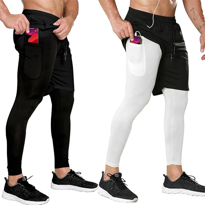 OEBLD Mens 2 in 1 Athletic Running Pants Quick Dry Gym Workout Shorts for Men Compression Pants with Pockets