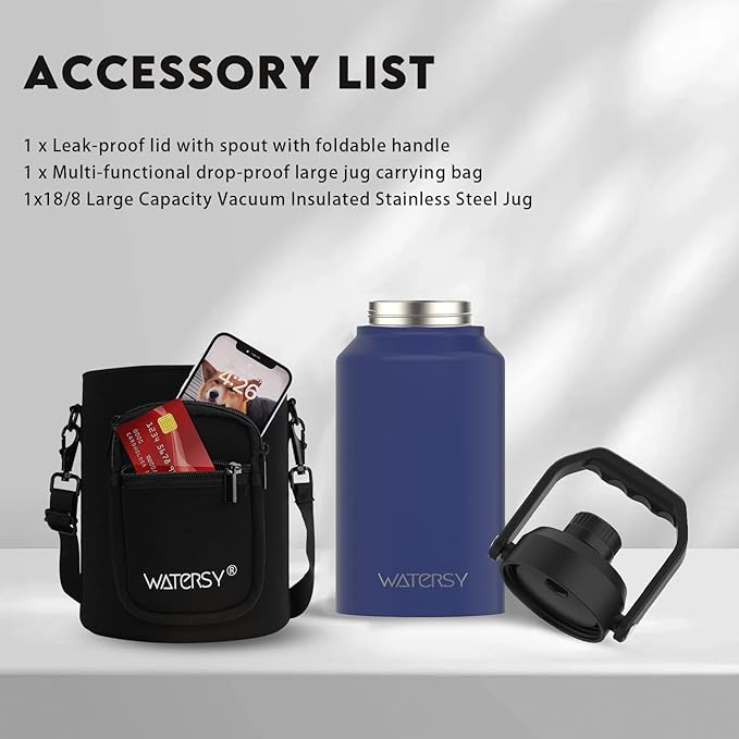 WATERSY 2/3 Gallon Water Bottle Insulated(Cold for 48 Hrs),BPA Free&Leak Proof,87oz Stainless Steel Water Jug/Flask,Big thermo,Large Water Bottle with Handle for Gym,Hiking,Camping,Deep Blue