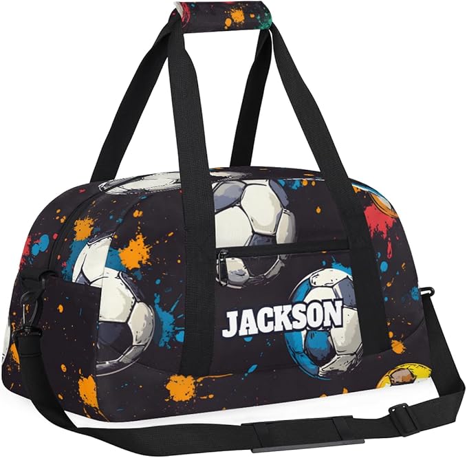 Personalized Soccer Gym Duffel Bags for Kids Boys with Custom Name Sport Training Travel Bags for Overnight Weekender, Black
