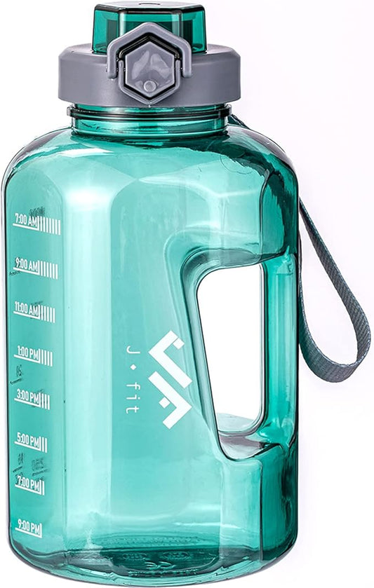 JFIT BPA Free Reusable Sports Water Bottle w/Time Markers, Leakproof Flip-Top Lid & Carry Strap – Durable PETG, 2.28" Wide-Mouth for Ice – Eco-Friendly, Odor-Free & Easy to Clean