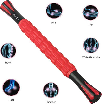 YANSYI Professional 9-Roller Muscle Recovery Stick - Deep Tissue Portable Massage Roller for Athletes, Relieves Muscle Soreness, Back & Leg Pain - Post-Workout Physio Tool (Red)