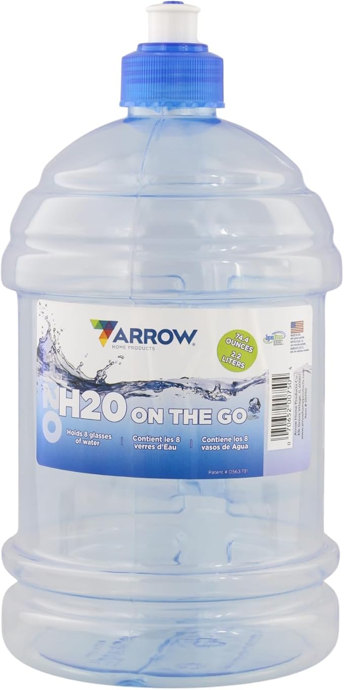 Arrow H2O On The Go Water Bottle, 2.2 Liter - Large Clear Plastic Water Bottle with Push Cap - Made in the USA, BPA Free - Built-In Convenient Handle, Leakproof - Ideal for the Gym and Sports Practice