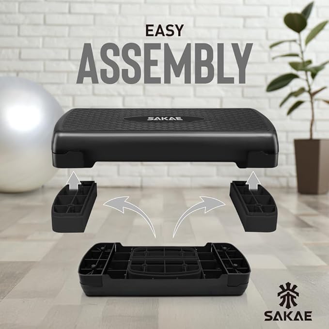 SAKAE Step Aerobics Platform Set with Kettlebell & Measuring Tape, Aerobic Steppers for Exercise at Home, Adjustable Height 2 Level Risers Workout Step Trainer with Non-Slip Surface, Multiple Colors