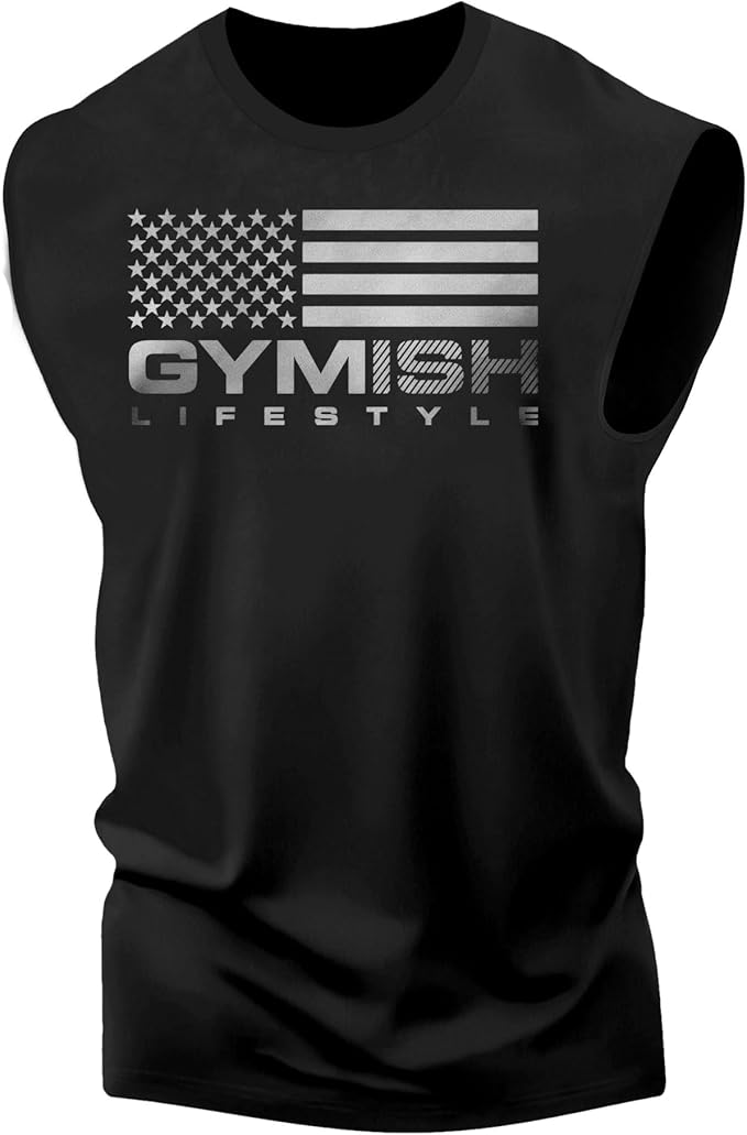 Gymish American Flag Graphic Fitness Tank, Sleeveless Bodybuilding Athletic Tank Top