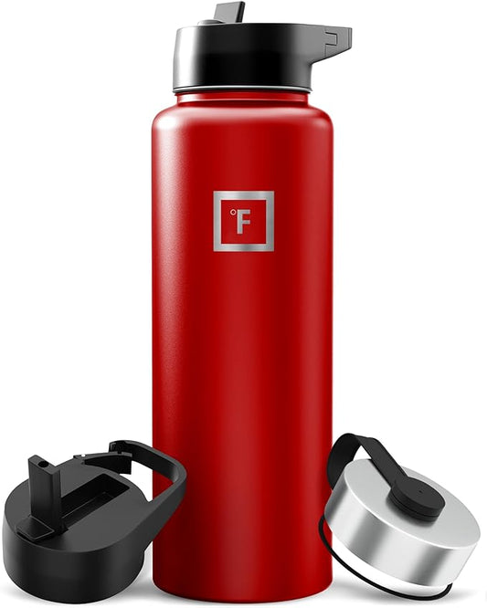 IRON °FLASK Camping & Hiking Hydration Flask with Straw, Wide Mouth Insulated Stainless Steel Sports Water Bottle - 40 oz Fire Red