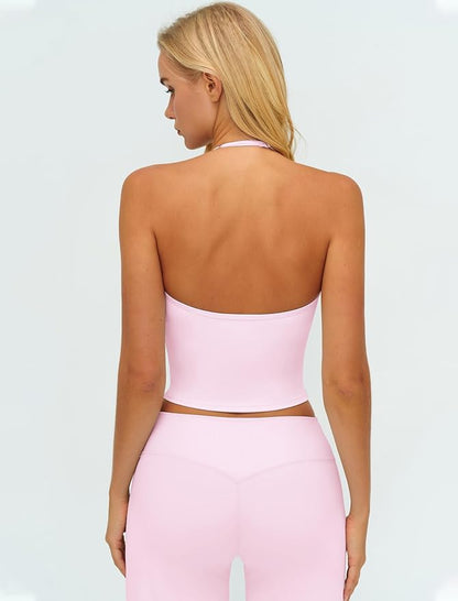 Womens Workout Sets Two Piece Spaghetti Straps Crop Top Matching Straight Leg Pants Gym Work Pilates Outfits