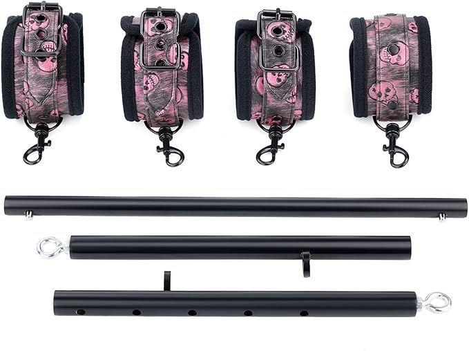 Heavy Duty Stainless Steel Expandable Spreader Bar with 4pcs PU Black--Pink Skull Pattern Detachable Adjustable Straps,Workout Bar for Home Indoor Gym Training Kit