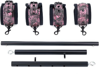 Heavy Duty Stainless Steel Expandable Spreader Bar with 4pcs PU Black--Pink Skull Pattern Detachable Adjustable Straps,Workout Bar for Home Indoor Gym Training Kit