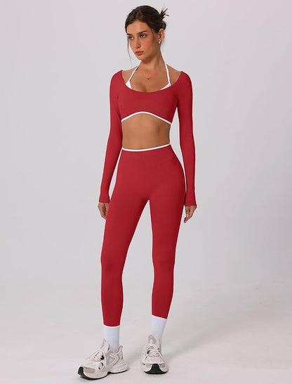 ABOCIW Workout Sets for Women Long Sleeve Crop Top Scrunch Butt Lifting High Waist Leggings 2 Piece Gym Yoga Outfits