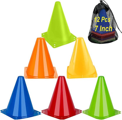 Soccer Cones Sports Training Agility Field Marker Cone, 12 Pack 7 Inch Training Cones Set with Mesh Bag, Colorful Cones for Soccer, Skating, Basketball, Baseball Drills, Outdoor & Indoor Activity