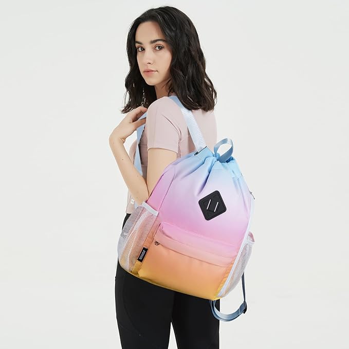 WANDF Drawstring Backpack Sports Gym Bag with Shoes Compartment, Water-Resistant String Backpack Cinch for Women Men (Small,Rainbow Gradient)
