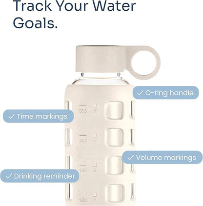 purifyou 40oz / 32oz / 22oz / 12oz Borosilicate Glass Water Bottle with Time & Volume Markers, Silicone Sleeve, Stainless Steel Lid | Reusable Glass Bottle for Water & Juice (12oz Pearled Ivory)