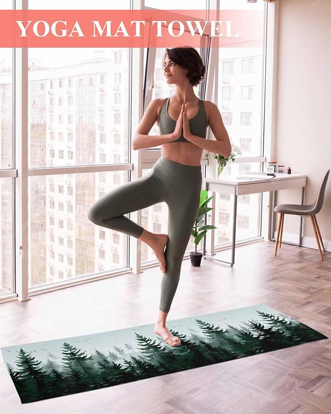 Pine Tree Forest Yoga Mat Towel with Corner Pockets for Hot Yoga Non Slip,Absorbent Yoga Blankets Microfiber Soft Gym Sweat Working Out Fitness Pilates Towels 70"x26" Green Landscape Nature Decor