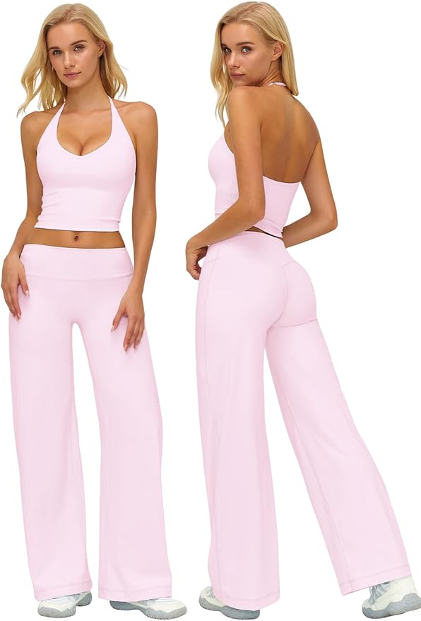 Womens Workout Sets Two Piece Spaghetti Straps Crop Top Matching Straight Leg Pants Gym Work Pilates Outfits