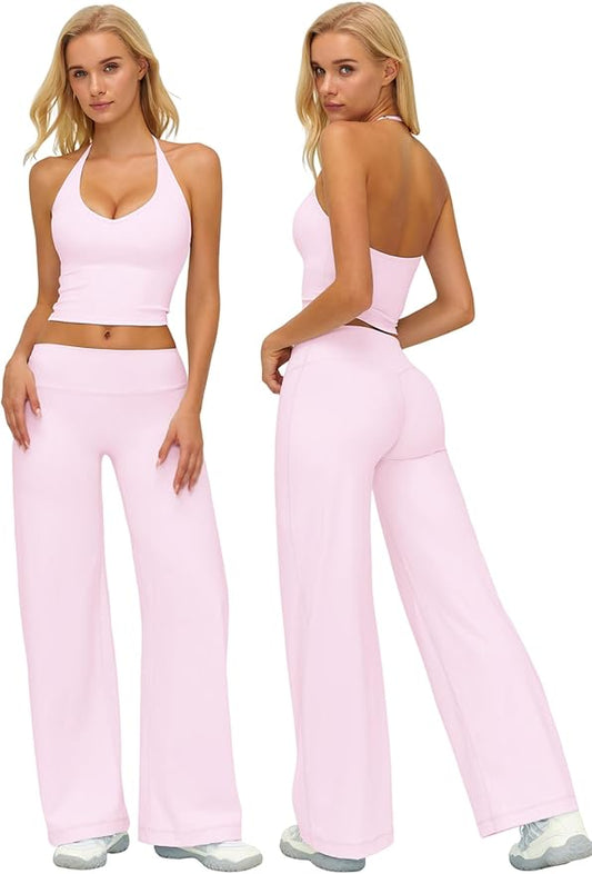 Womens Workout Sets Two Piece Spaghetti Straps Crop Top Matching Straight Leg Pants Gym Work Pilates Outfits