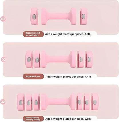 Adjustable Dumbbell Set of 2, 4 in 1 Free Weights for Women with Fast Adjustment, Home Gym & Outdoor Exercise Training, Includes 2.2lb 3.3lb 4.4lb 5.5lb Hand Weights, Compatible with Kettlebells